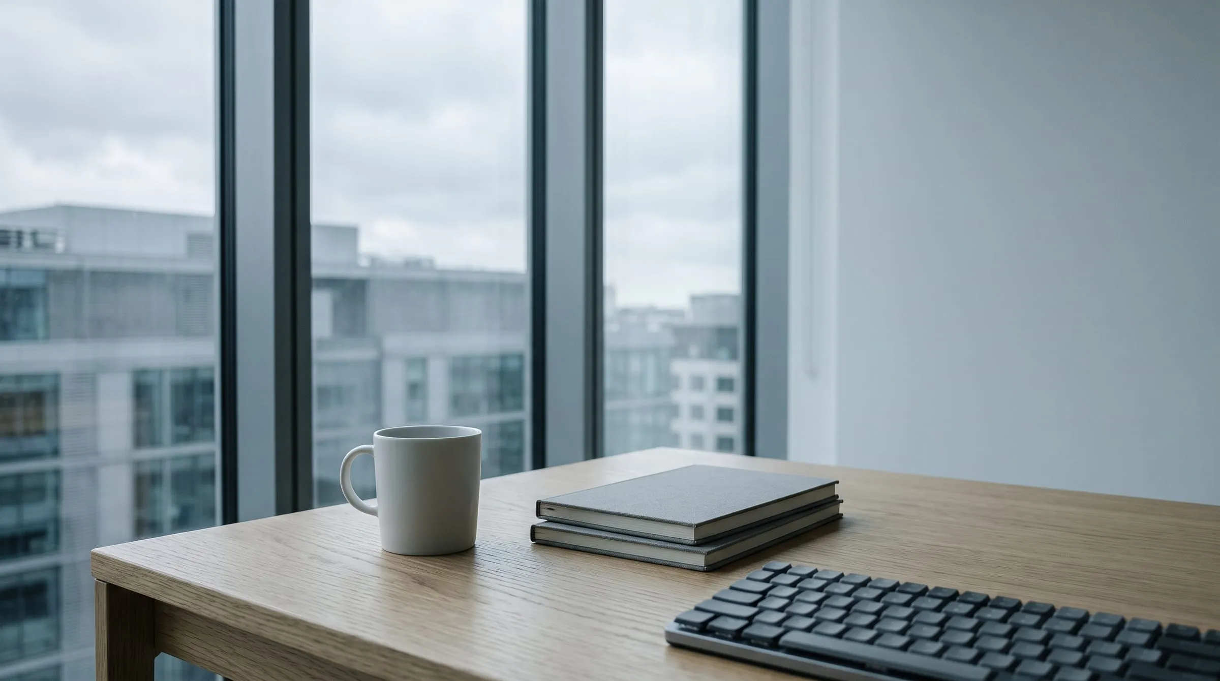 A working desk with a monitor at the edge of frame, in cool daylight